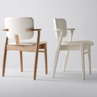 Beige and white modern chairs with wooden armrests, featuring a sleek, minimalist design.