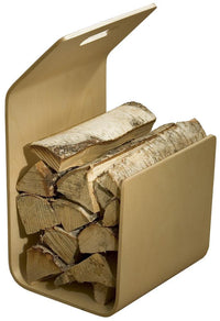 Natural wood logs neatly stacked in a sleek, light wooden holder with a minimalist design.