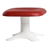 Red leather square ottoman with white base, featuring a smooth, sleek design. Perfect for modern decor.