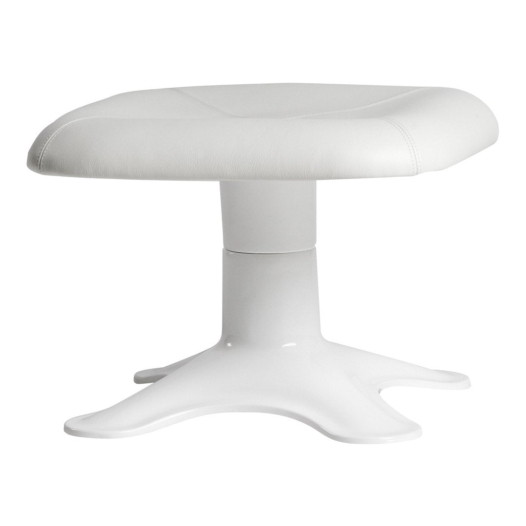 White upholstered ottoman with a smooth, sleek finish and a round, sturdy base. Modern design with minimalist appeal.