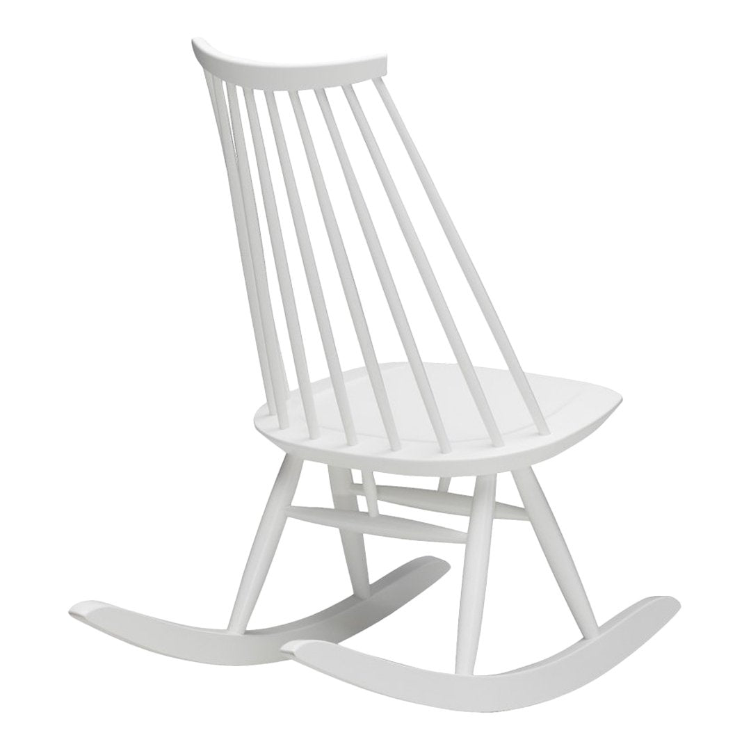 White rocking chair with a sleek, minimalist design and vertical slat backrest, perfect for modern decor.