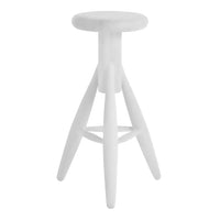 White minimalist stool with a smooth surface and tapered legs, featuring a modern design. Ideal for contemporary spaces.