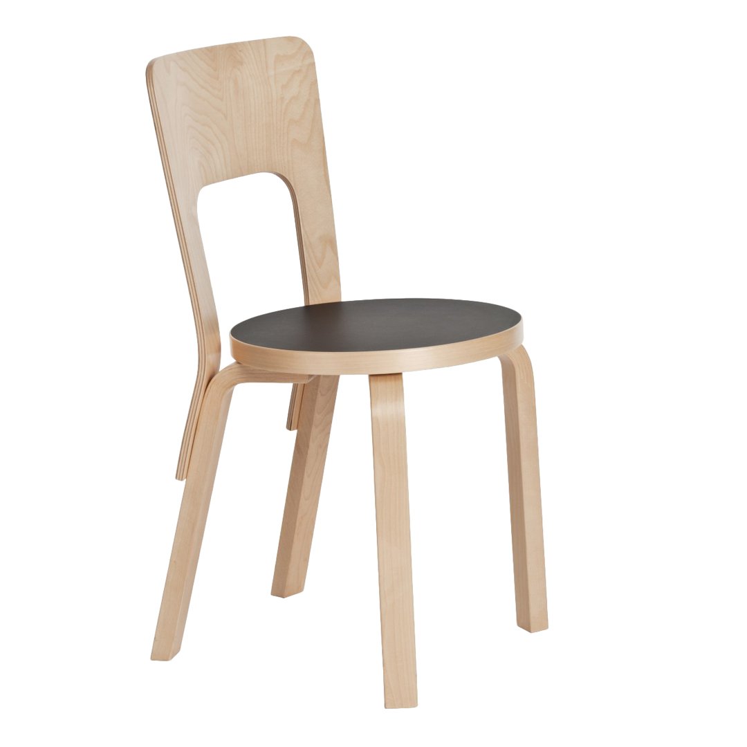 Light wood chair with a natural finish and a contrasting black round seat, featuring a sleek, minimalist design.