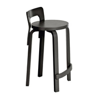 Black modern bar stool with a sleek design and smooth finish, featuring minimalist lines and curved backrest.