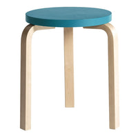 Turquoise round top stool with natural wood legs, minimalist design and smooth finish. Ideal for modern decor.