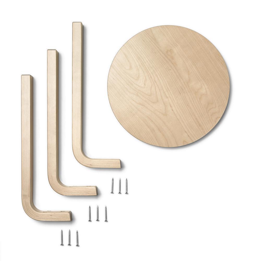 Natural light wood table parts with smooth surface and minimalistic design; includes round top and curved legs.