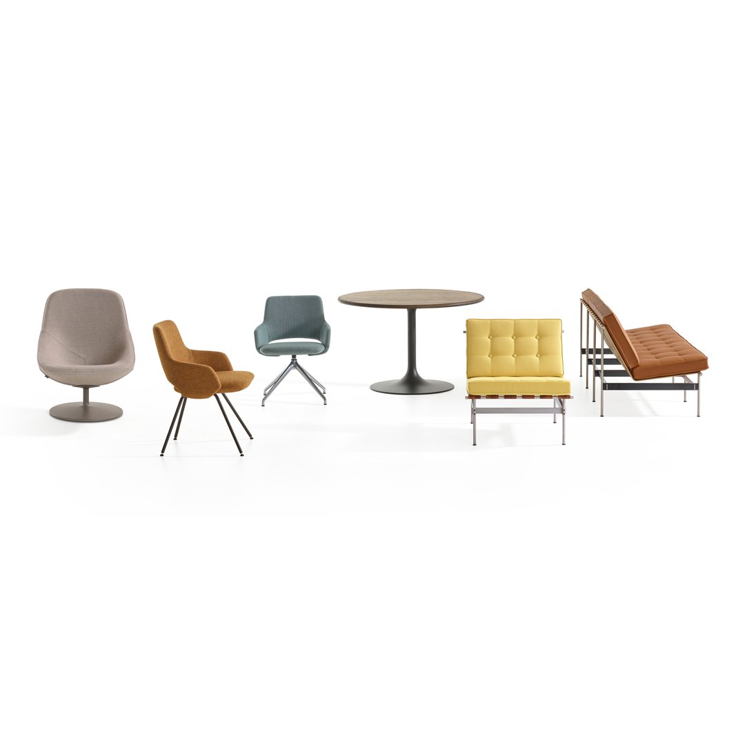 Modern furniture set featuring pastel blue, mustard yellow, warm orange, gray, and sleek chrome accents.
