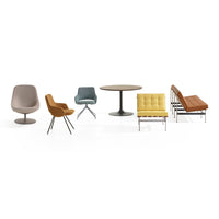 Modern furniture set featuring pastel blue, mustard yellow, warm orange, gray, and sleek chrome accents.