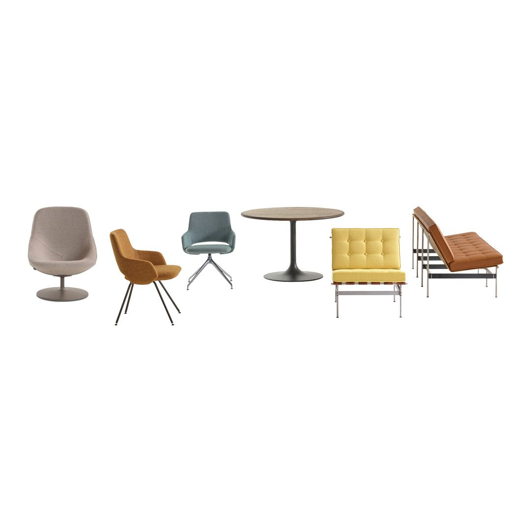 Modern furniture set featuring neutral tones, mustard yellow, teal, and stylish geometric patterns.