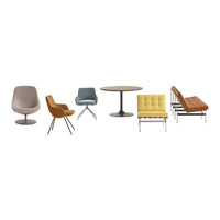 Modern furniture set featuring neutral tones, mustard yellow, teal, and stylish geometric patterns.