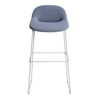 Light blue upholstered bar stool with a sleek white metal frame and minimalist design. Ideal for modern decor.