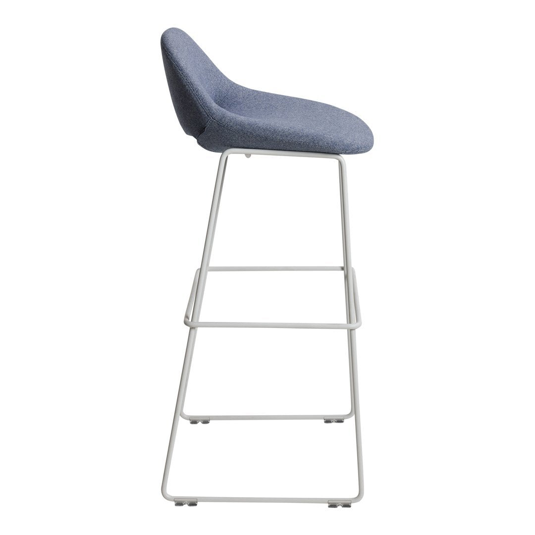 Blue fabric bar stool with a smooth, curved seat and sleek white metal frame. Modern design ideal for stylish spaces.