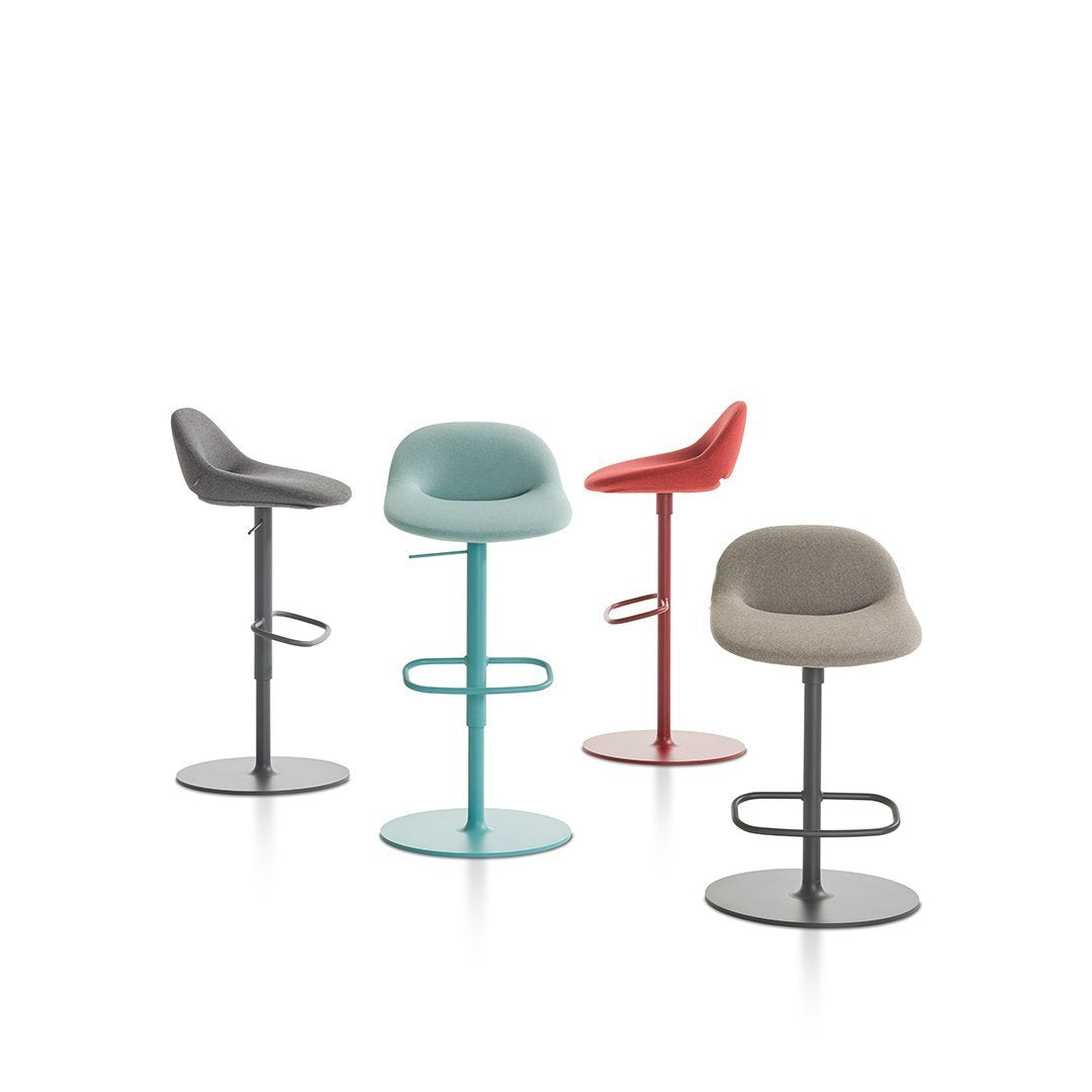 "Colorful bar stools in gray, teal, red, and beige with sleek, modern designs."