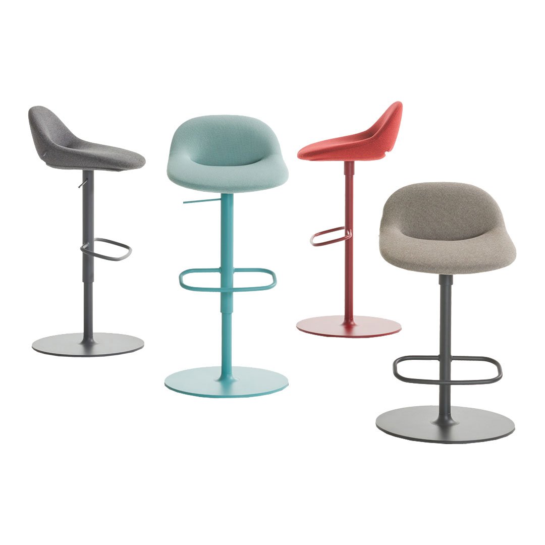 Colorful bar stools in gray, teal, red, and beige with smooth, modern designs and sleek metal bases.