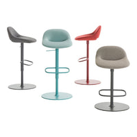 Colorful bar stools in gray, teal, red, and beige with smooth, modern designs and sleek metal bases.