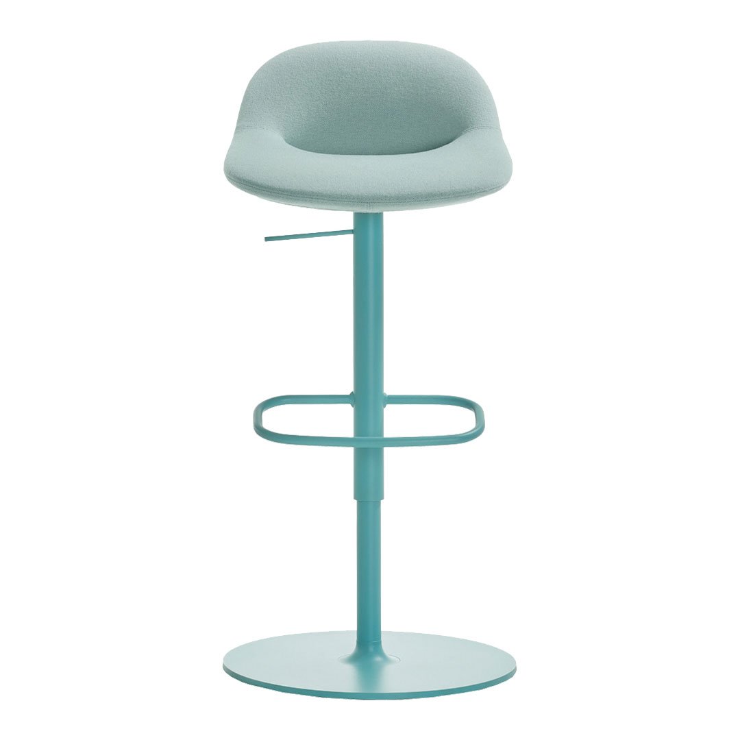 Aqua blue bar stool with a smooth, curved seat and minimalist design. Ideal for modern spaces.