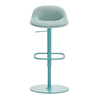 Aqua blue bar stool with a smooth, curved seat and minimalist design. Ideal for modern spaces.