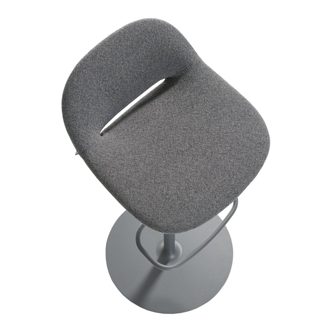 Gray upholstered bar stool with a sleek, smooth finish and minimalist design. Ideal for modern spaces.