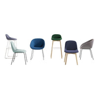 Colorful chairs in shades of green, blue, light blue, gray, and dark blue with sleek metal and wood bases.