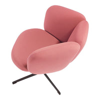 Soft pink upholstered chair with smooth, rounded shapes and a sleek black base, ideal for modern decor.