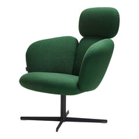 Modern green upholstered chair with a clean design and sleek black base, perfect for contemporary interiors.