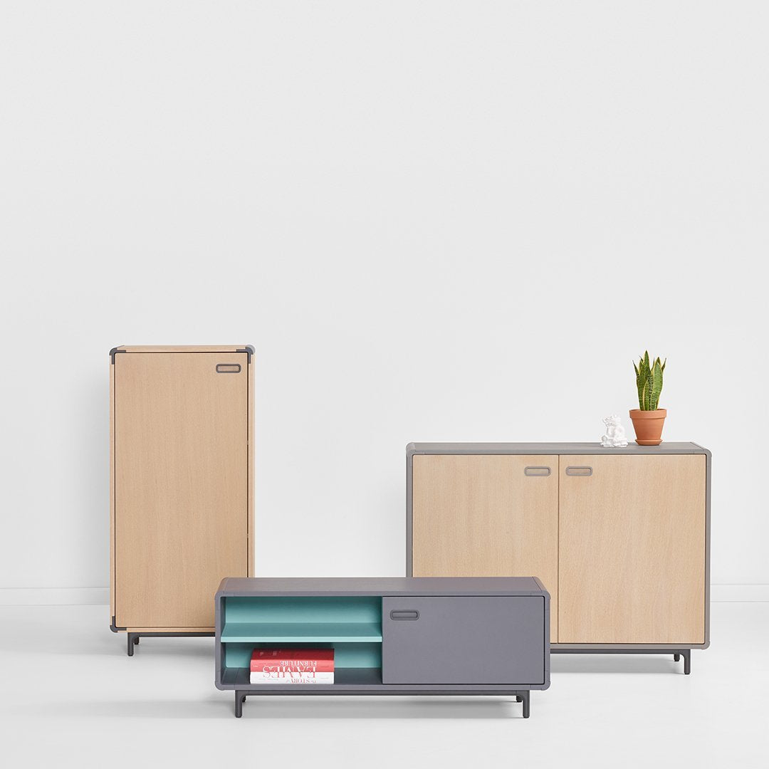 Light wood and gray modern furniture set featuring clean lines and minimalist design. Includes cabinet, sideboard, and TV stand.