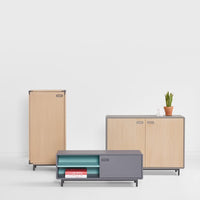 Light wood and gray modern furniture set featuring clean lines and minimalist design. Includes cabinet, sideboard, and TV stand.