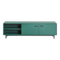 Teal green media console with a sleek, minimalist design, featuring two doors and open shelving.