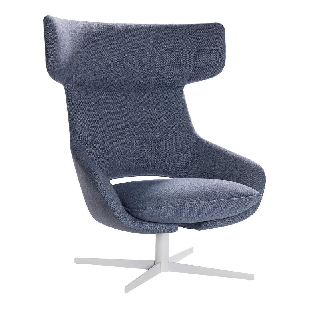 Stylish blue upholstered swivel chair with a smooth, modern design and minimalist white base. Perfect for contemporary spaces.
