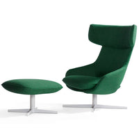 Green upholstered chair with matching ottoman, featuring a smooth fabric texture and modern design.