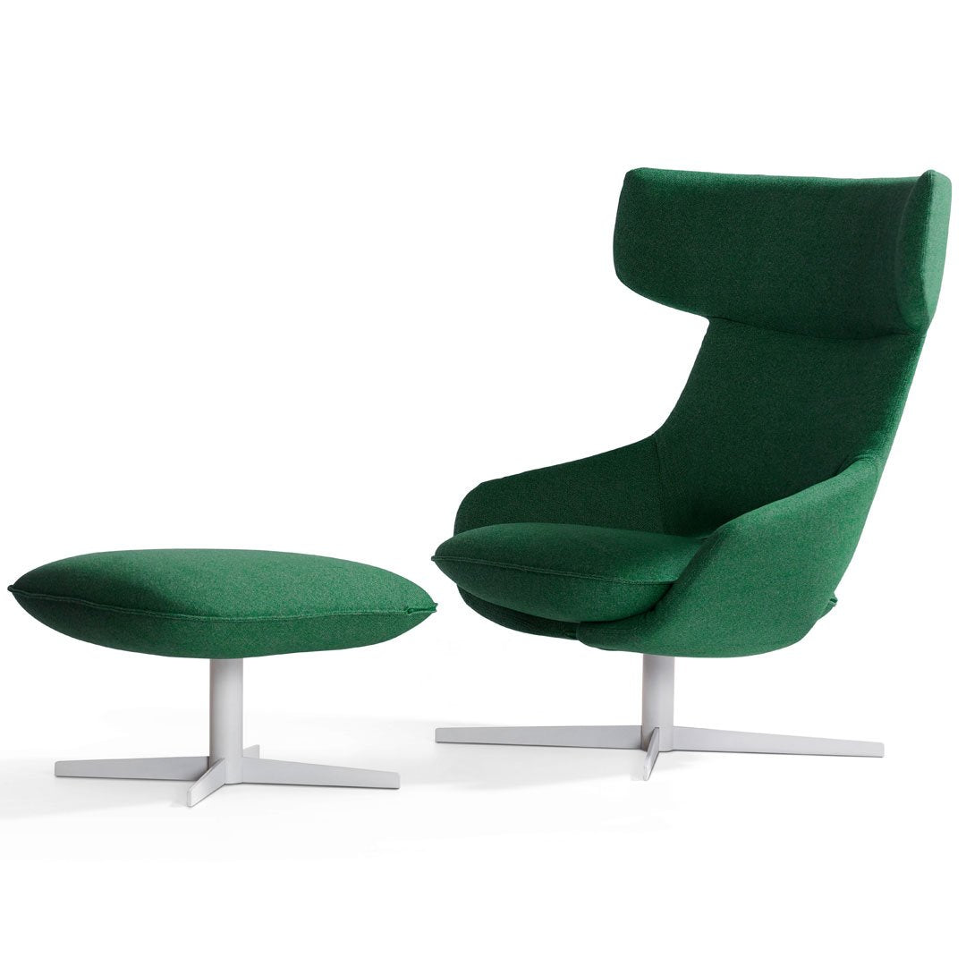 Green upholstered chair and ottoman with a sleek silver base, featuring a modern, minimalist design.