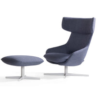 Contemporary blue upholstered chair and ottoman set with a sleek metal base for modern interiors.