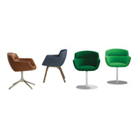 Collection of chairs featuring brown, navy, and vibrant green upholstery with modern, sleek designs.