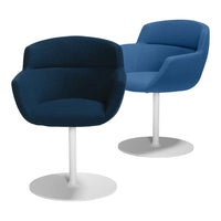 Two modern chairs featuring deep navy and light blue upholstery with white bases, perfect for contemporary decor.