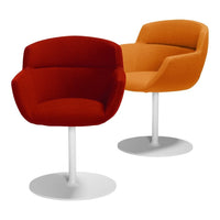 Set of modern chairs featuring warm red and bright orange upholstery with a sleek white base. Minimalist and stylish design.