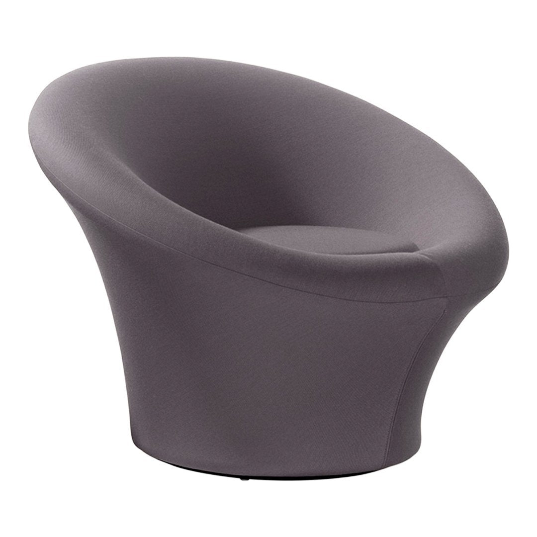 Stylish modern chair in a soft, muted gray fabric with a smooth, rounded design and seamless finish.