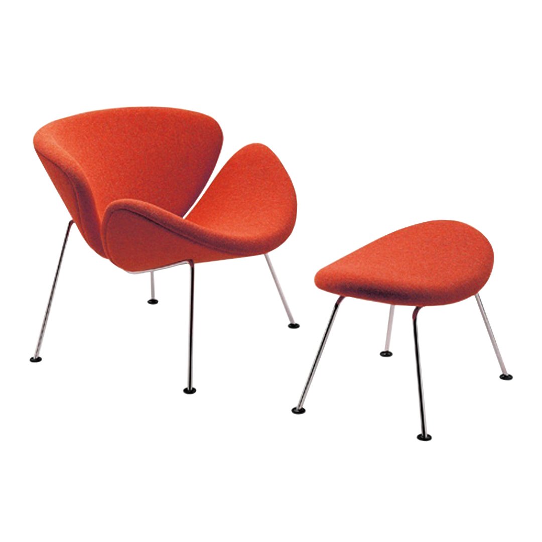 Vibrant orange chair and ottoman set with sleek black legs, featuring a modern, organic silhouette design.