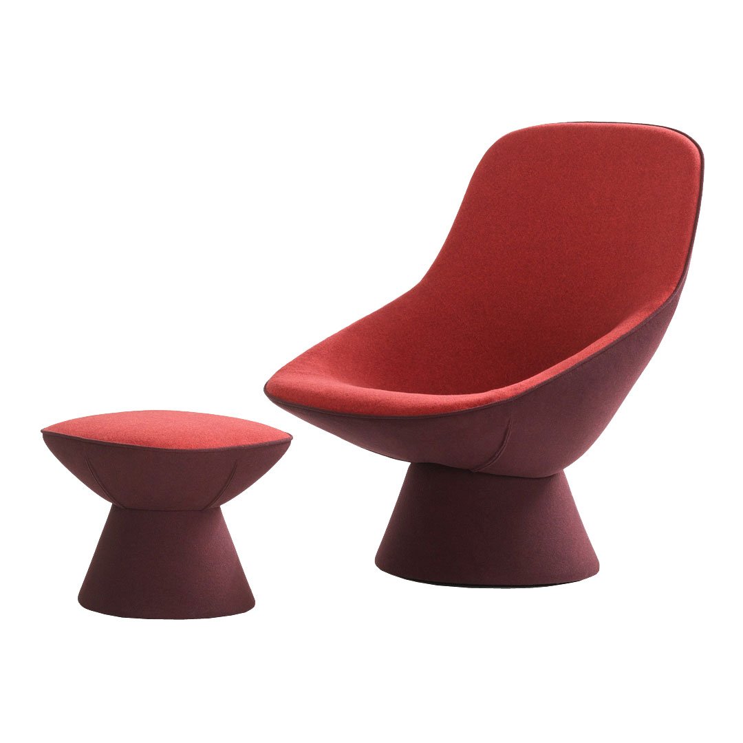Red upholstered chair and matching ottoman with smooth, rounded shapes and a modern, minimalist design.