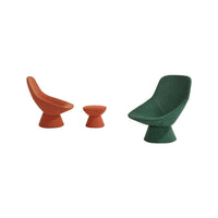 Modern furniture set featuring a terracotta chair, matching stool, and a green chair with smooth curves.