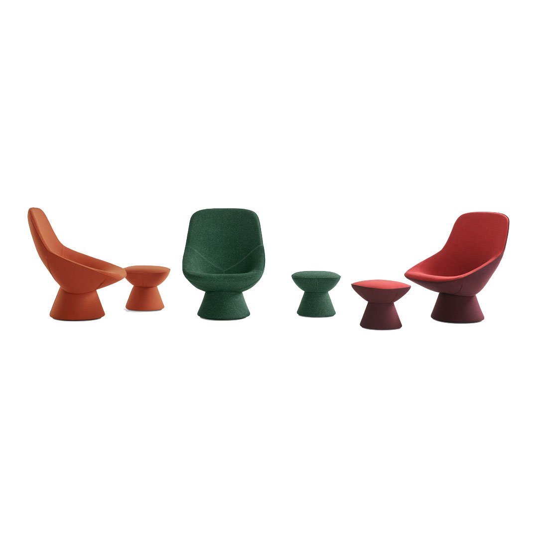 "Colorful seating set featuring orange, green, and red chairs with smooth, minimalist patterns."