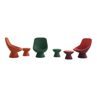"Colorful seating set featuring orange, green, and red chairs with smooth, minimalist patterns."