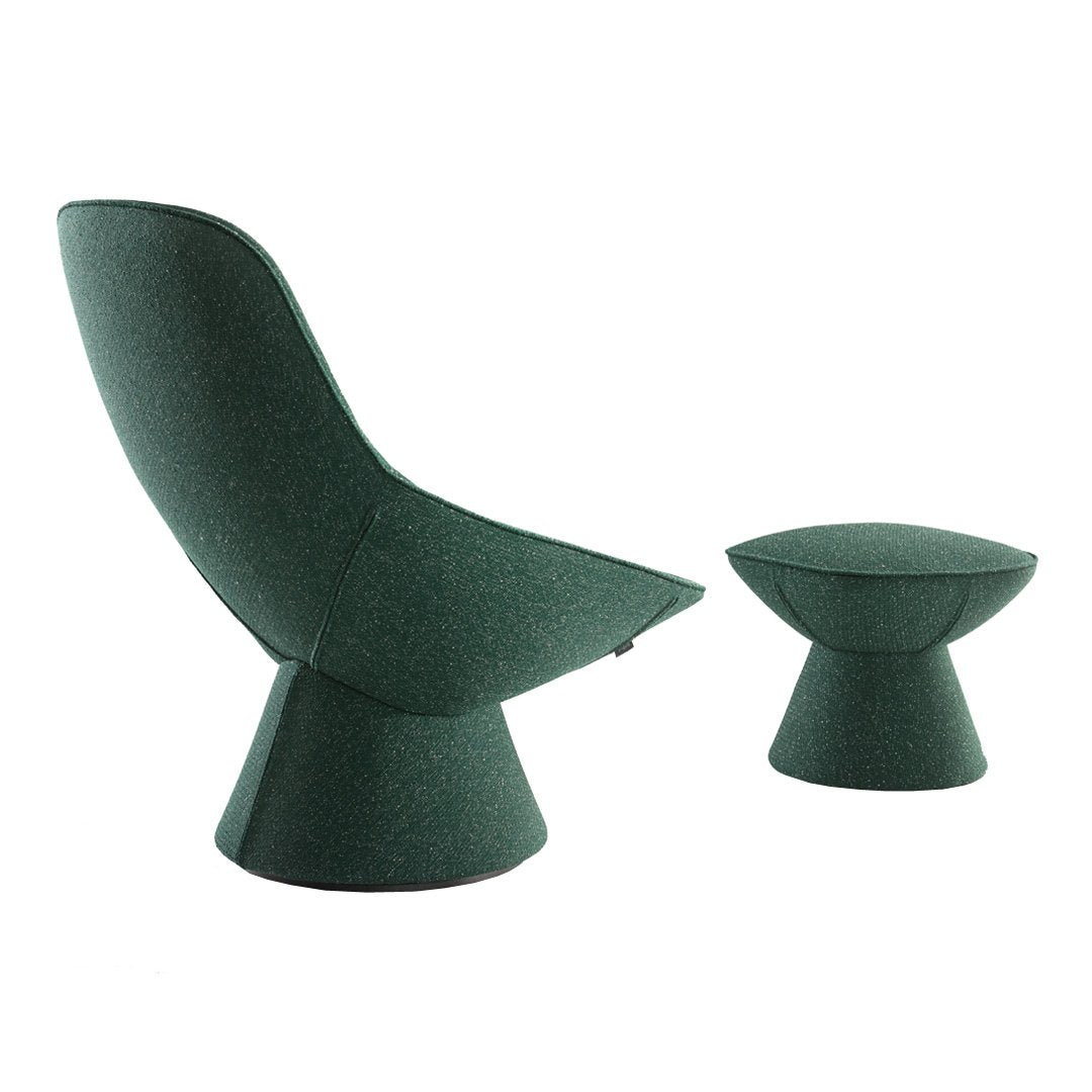 Elegant dark green chair with smooth contours and a matching ottoman, made from textured fabric. Modern minimalist design.