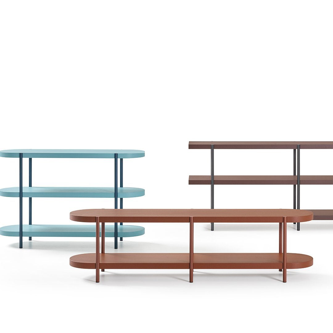 Three modern shelves in teal, brown, and light blue colors with sleek, minimalist designs and smooth finishes.
