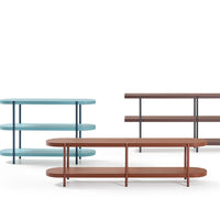 Three modern shelves in teal, brown, and light blue colors with sleek, minimalist designs and smooth finishes.