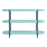 Aqua blue three-tier shelf with navy blue metal supports, featuring smooth, modern design lines.