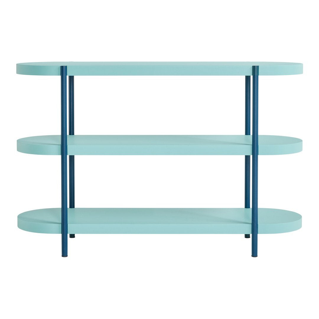 Turquoise three-tier shelf with sleek blue metal legs, featuring a minimalist design and smooth surface.