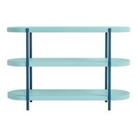 Turquoise three-tier shelf with sleek blue metal legs, featuring a minimalist design and smooth surface.