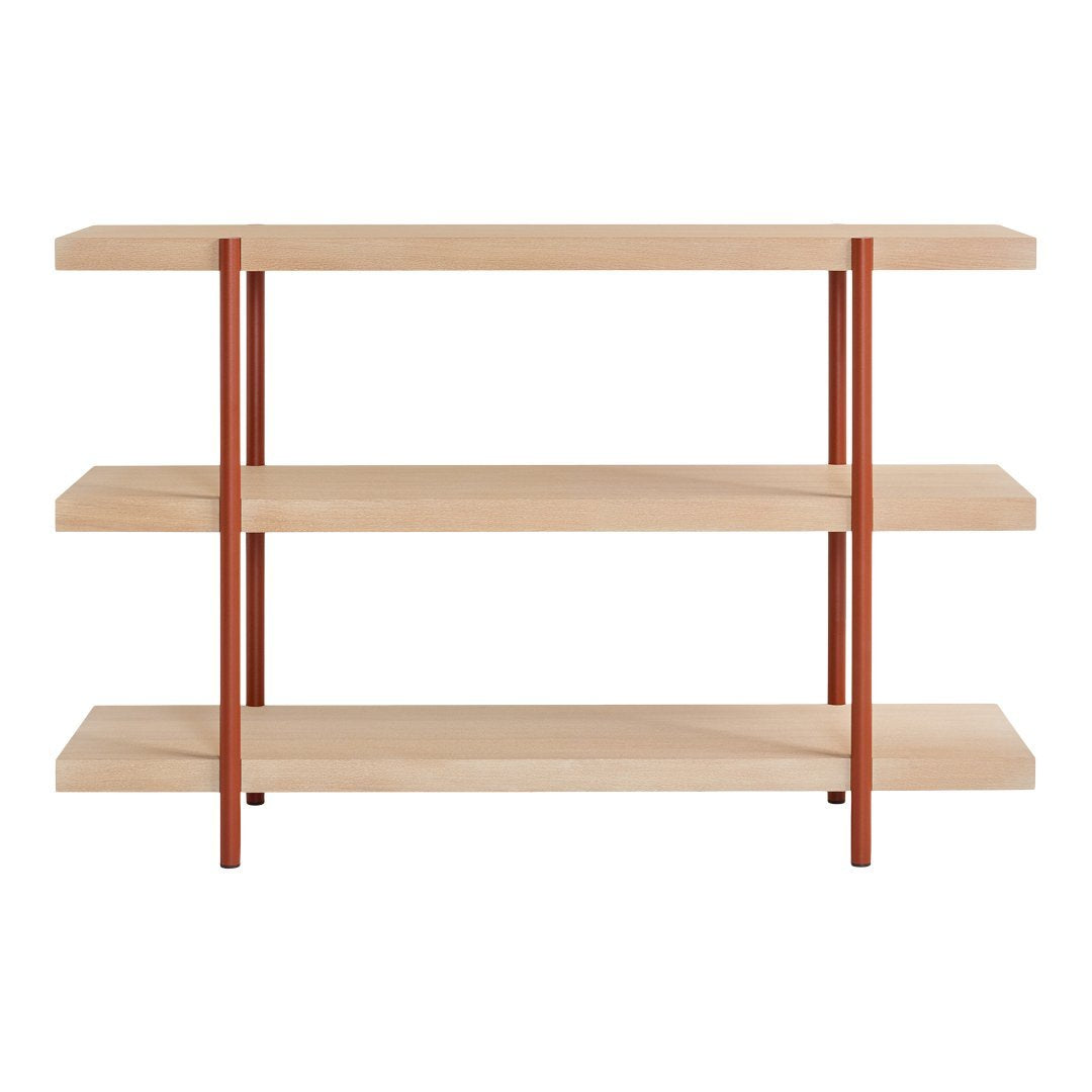 Light wood shelves with minimal design, featuring warm orange metal supports. Stylish and modern storage solution.