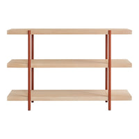 Light wood shelves with minimal design, featuring warm orange metal supports. Stylish and modern storage solution.