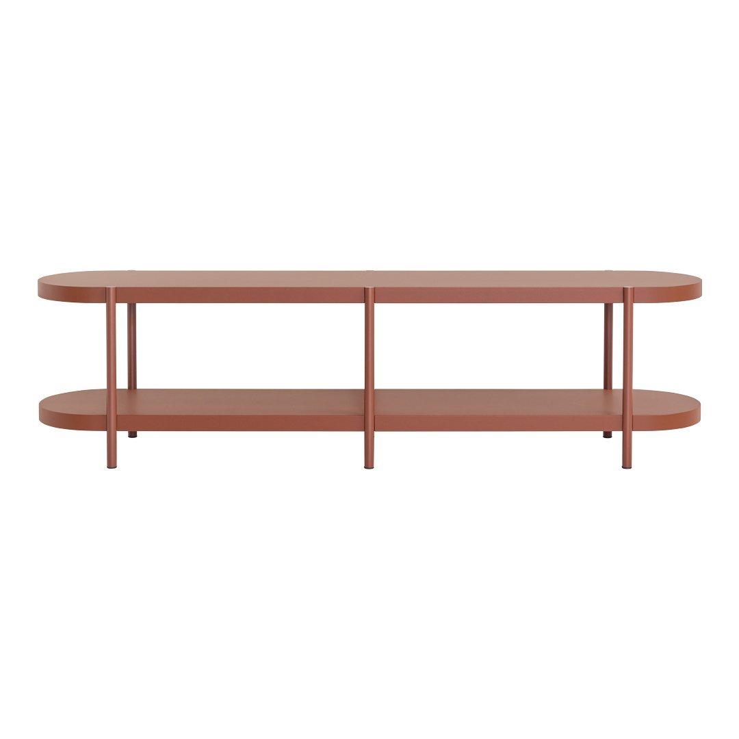Modern brown rectangular TV stand with a smooth finish and sleek design, featuring two lower shelves.